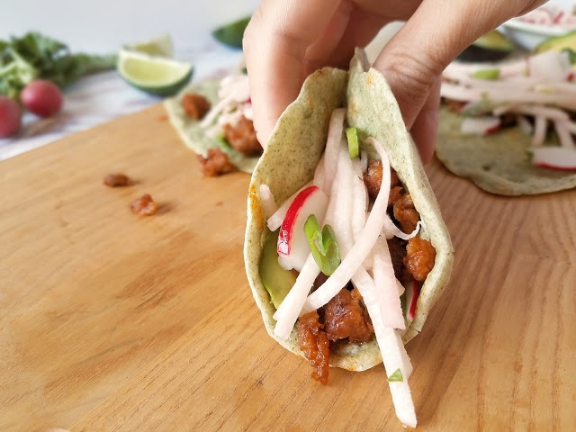 Paleo Chorizo Tacos with Radish-Jicama Slaw If you love chorizo, you will love these tacos! Radish-Jicama Slaw balances the richness and bold flavor of the chorizo perfectly, and it all stays wrapped up thanks to my grain-free pumpkin seed flour tortillas. Packed with nutrients and flavor, yet grain-free, dairy-free, low carb and Paleo, these Chorizo Tacos are a fun and healthy way to enjoy breakfast, Taco Tuesday, or Cinco de Mayo!